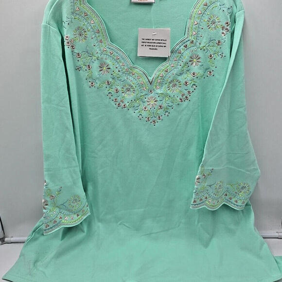 Quaker Factory Green Boho Embroidered Beaded Stretch 3/4 sleeves Top 2X NWT - Picture 2 of 12